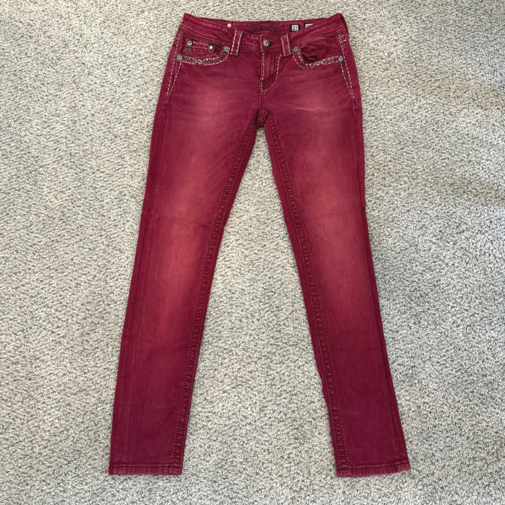 Miss Me Signature Rise Skinny Jeans Burgundy Rhinestone Embellished Size 27